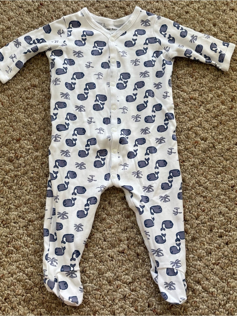 Roller Rabbit White & Navy Whale Print Baby One-Piece 3-6M